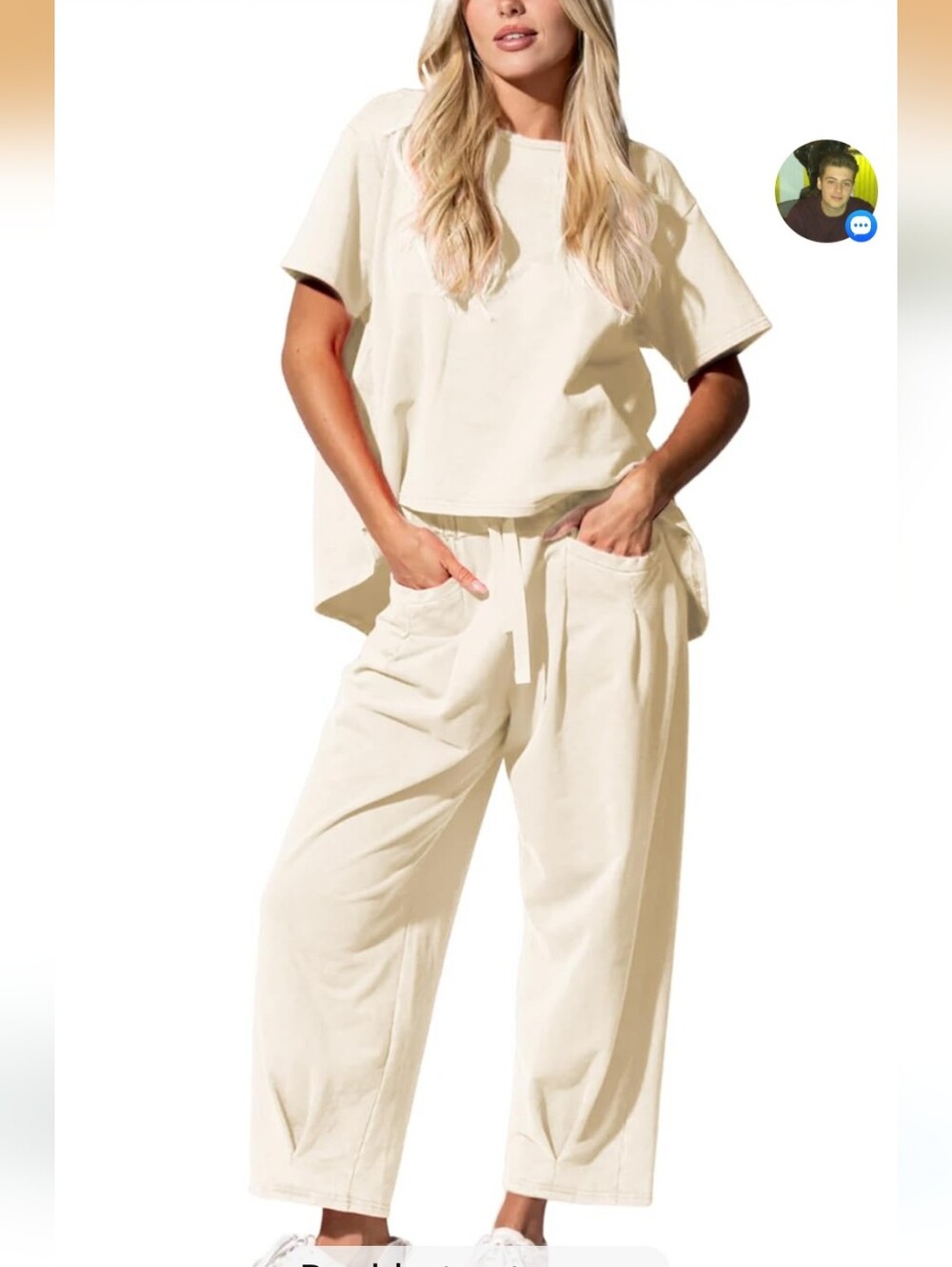 2 Piece Soft Cream Short Sleeve Top & Barrel Pant Set